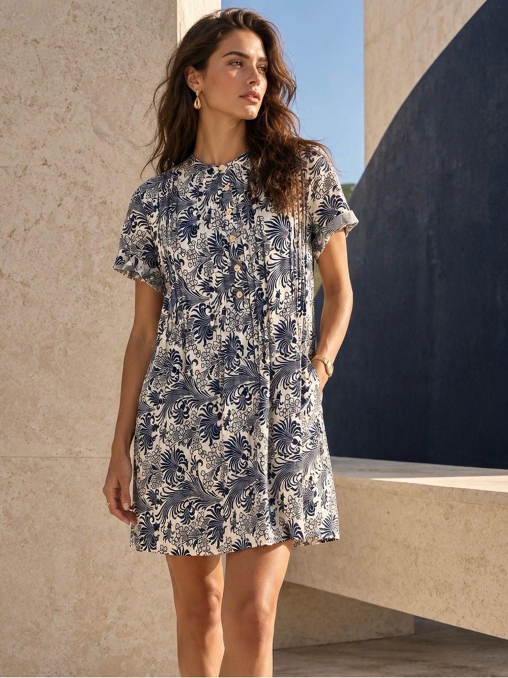 Faherty Gemina Linen Blend Pocket Floral Print Dress in Indigo, Size S
